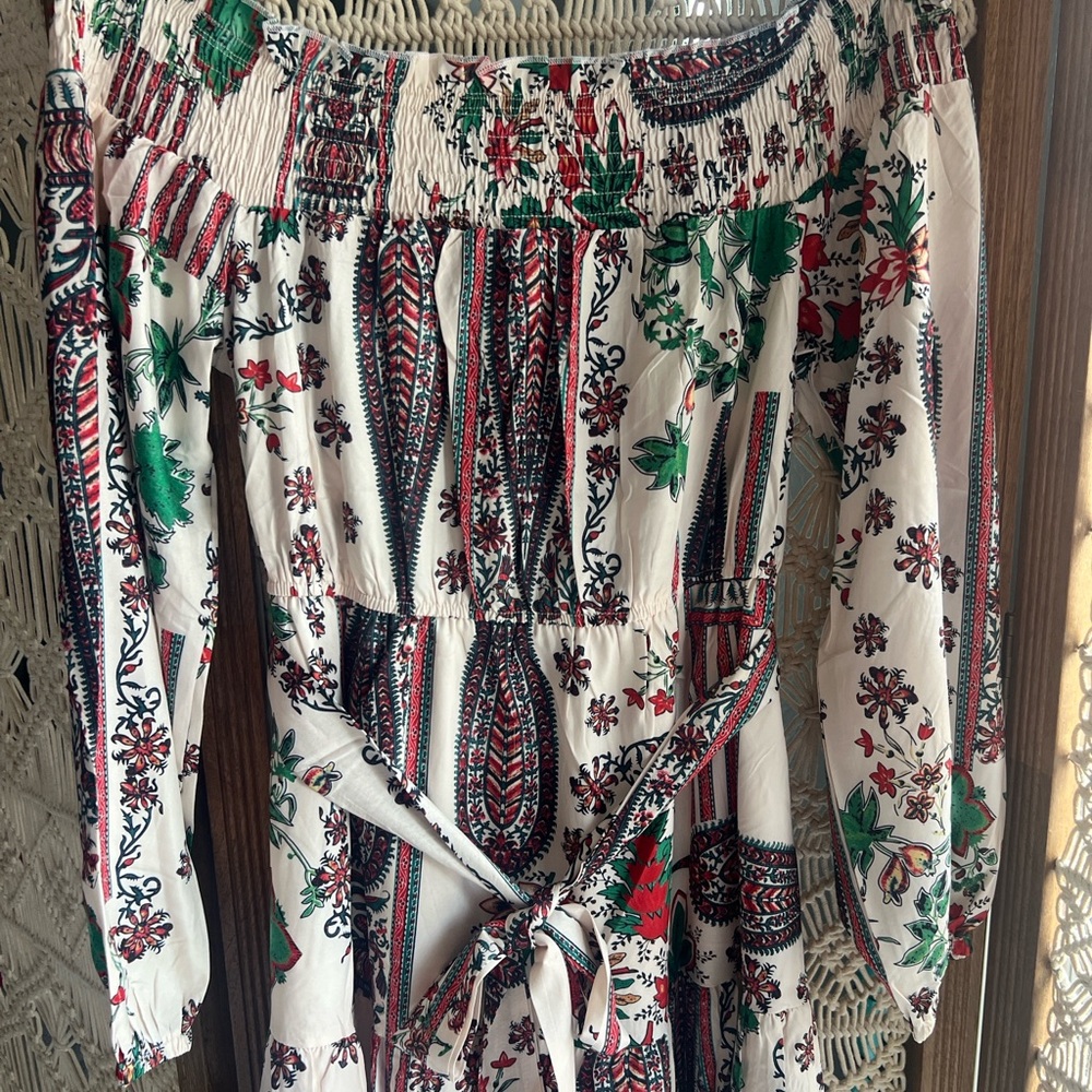 Miss Kelly 1999 Paisley Floral Off-Shoulder Midi Dress with Belt